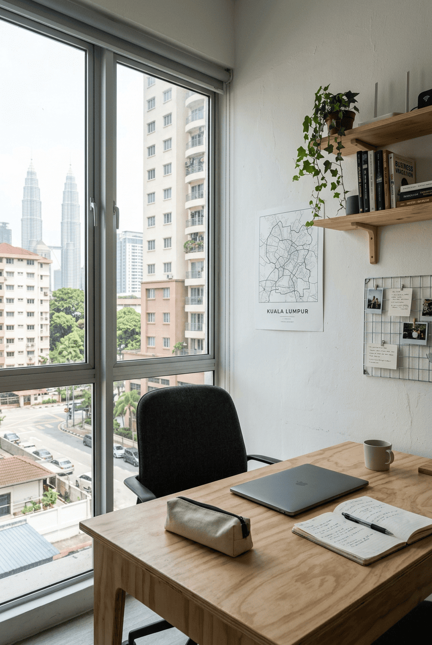 Malaysian business owner workspace overlooking Kuala Lumpur