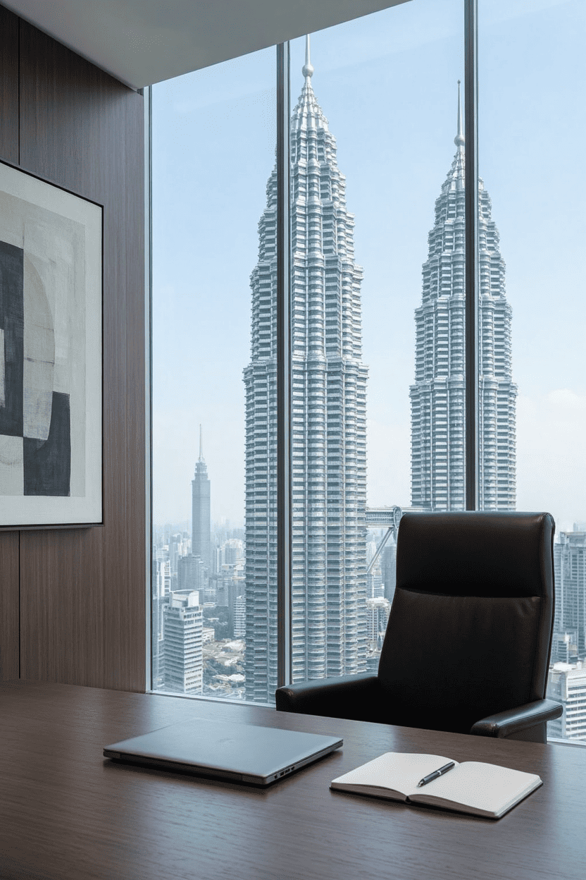 Kuala Lumpur corporate boardroom overlooking the Petronas Twin Towers